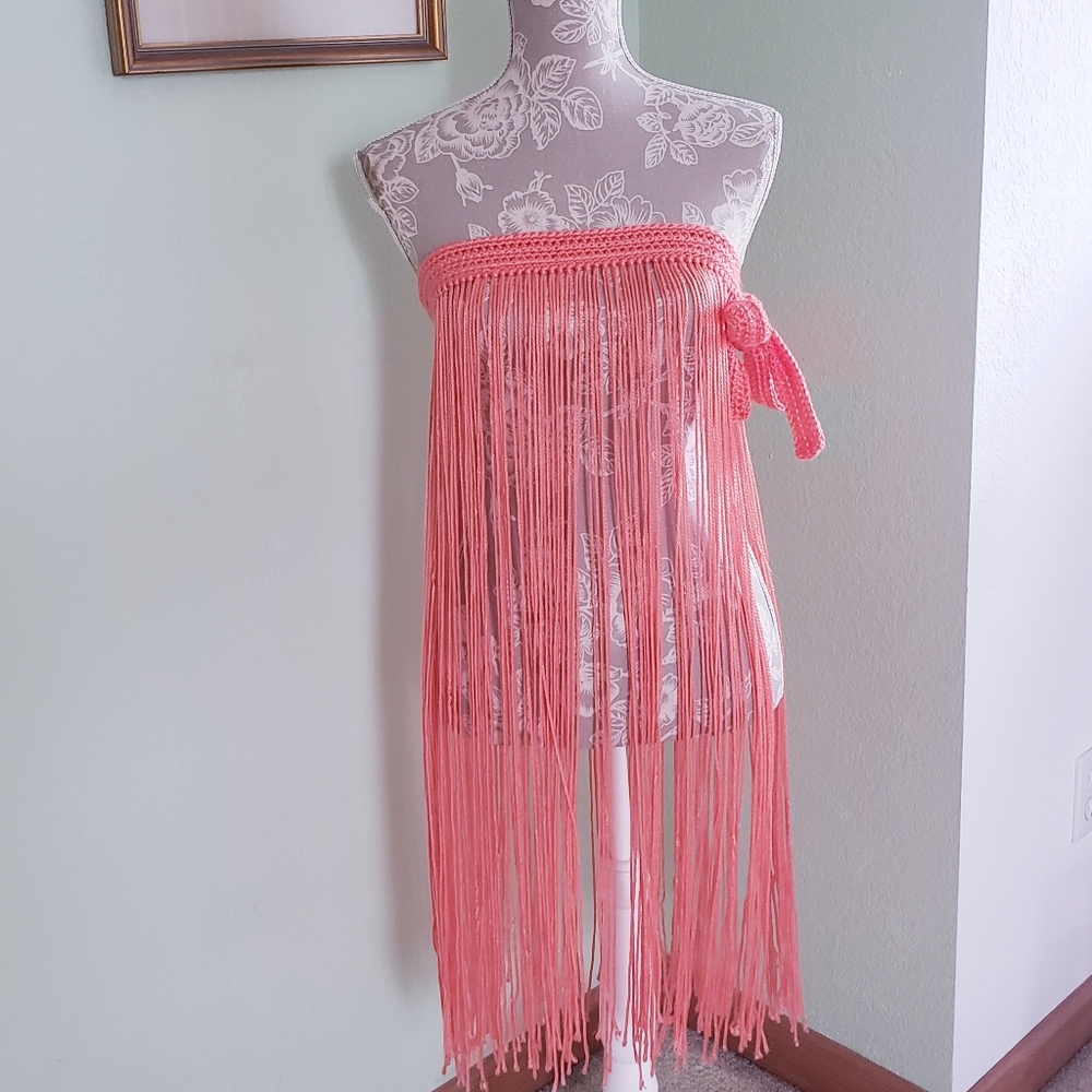 One Of A Kind Handmade Crochet Orange Coral Fringe Swim Coverup